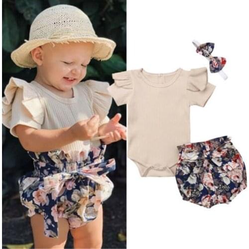 Toddler Baby Girl 3PCS Clothes Outfit Set Solid Color Short Sleeve Ruffle Button Romper Top Flower Short Pants Headband Outfit