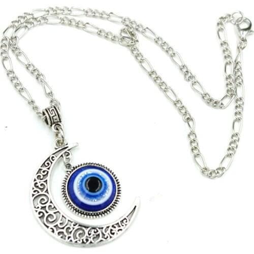 Alloy Acrylic Blue Evil Eye Crafts Mirror Pendant Moon Short Collar Chunky Necklace Women Jewelry