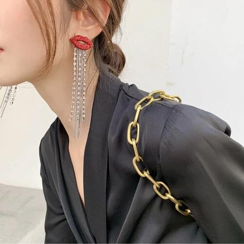AENSOA Trendy Red Lips Full Rhinestone Long Drop Earrings for Women Claw Chain Tassel Crystal Dangle Earrings Two Ways To Wear