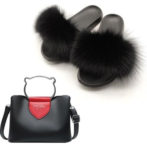 Womens Fox Fur Slides Fashion New PU Single Shoulder Bags Sets Female Furry Slippers Adjustable Purse Ladies Fox Hair Flip Flop