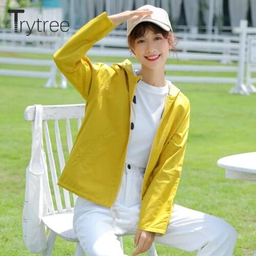 Ttytree 2020 Autumn Casual Womens Jacket Pockets Drawstring Sweet Cartoons Hooded Jacket Two ways to Wear Dot Thin Coat Women