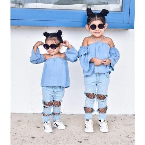 In Stock Toddler Kids Baby Girls Clothes Set Off Shoulder Tops Denim Pants Hole Jeans Outfits Clothes