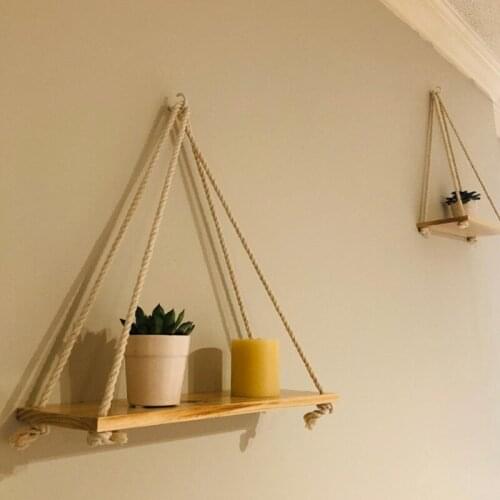 Vintage Pine Wood Hanging Ornament Rack Hemp Rope Bathroom Shelf Wall Plant Shelf Kitchen Accessories Bathroom Accessories