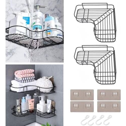 Iron Bathroom Shelf Shower Wall Mount Shampoo Storage Rack Holder With Suction Cup No Drilling Kitchen Corner Frame