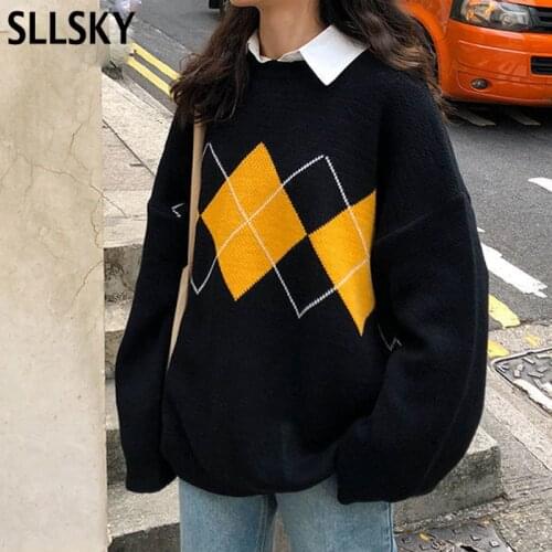 SLLSKY Patchwork Plaid Women Sweater Pullover 2021 Autumn Casual Basic Oversize Female Pullover Long Sleeve O-neck Lady Sweater
