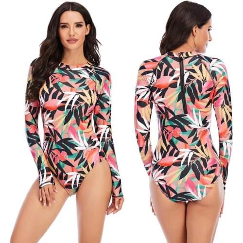 New Swimsuit Women Rashguard Long Sleeve One Piece Swimwear UV Protection Print Zipper Surf Rash Guard Spa Bathing Suit