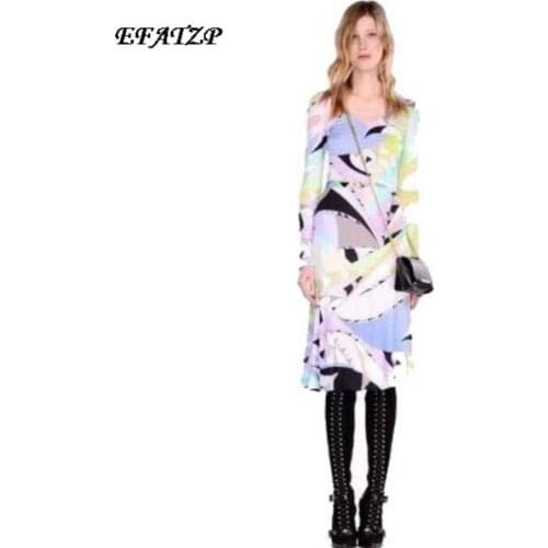 New 2015 Runway Luxury Brands Womens V-Neck Geometric Print Long Sleeve Stretch Jersey Silk Plus Size XXL Dress