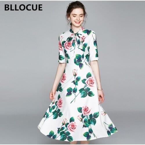 BLLOCUE 2020 Summer Vintage Rose Print Runway Dress Women Short Sleeve Bow Collar Sweety Elegant A-Line Midi Dress