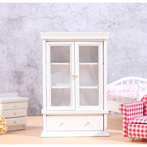1:12 Dollhouse Miniature Wooden Furniture White Cabinet Dollhouse Accessories Wood Display Cupboard Cabinet Showcase Doll House