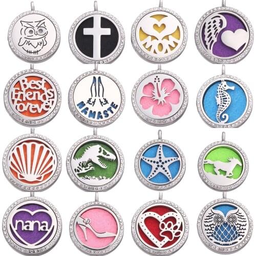 10pcs/lot 30mm silver essential Oils Aromatherapy lockets with Rhinestone Aroma Diffuser locket Perfume Pendant free 100pads