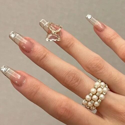 24Pcs/Set Fake Nails Crystal 3D Butterfly Wear Long Paragraph Fashion Artificial Manicure Patch Nail Supplies For Professionals