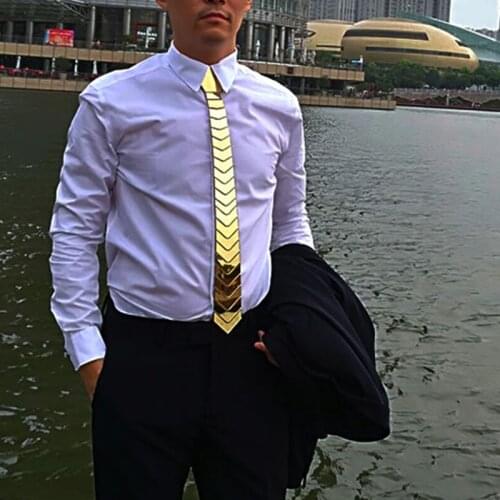 Creative Design Acrylic Mirror Necktie Slim Shining Gold Tie Fashion Satin Ties Business Gift Night Club Show DJ Singer Jewel