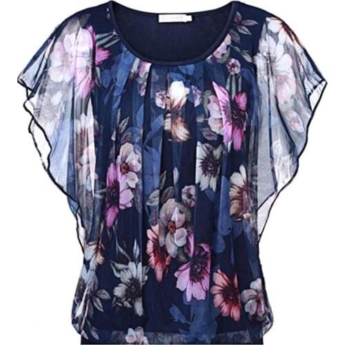 Women blouse elegant office shirt Flower Print Women Shirt Short Flying Sleeve Simple Crew Neck Mesh Loose Top Women Blouse 3XL