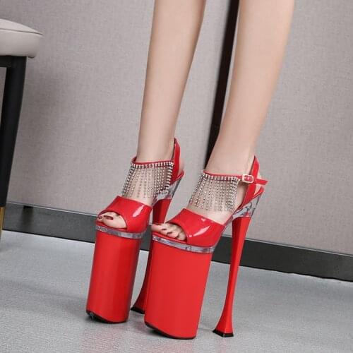 26CM Super High Sandals Platform Shoes Chain Patent Leather Nightclubs Fun Female Shoes Peep Toe Spike Heel Ladies Sandal Summer