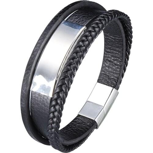 Trendy Stainless Steel Charm Men Bracelet Magnet Clasp Braided Mutilayer Leather Wrap Punk Rock Accessories Male Jewelry PD1006
