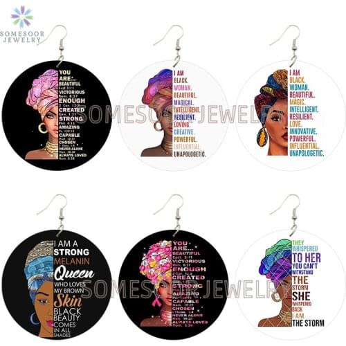 SOMESOOR I'm Black Woman Wooden Drop Earrings Inspired Sayings Printed Strong Melanin Ear Loops Dangle Jewelry For Women Gifts