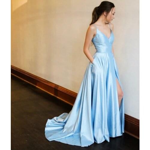 Long A-Line Light Blue Prom Dresses with Pockets Strappy Back Robe De Soiree Floor Length Satin Formal Party Gown for Women