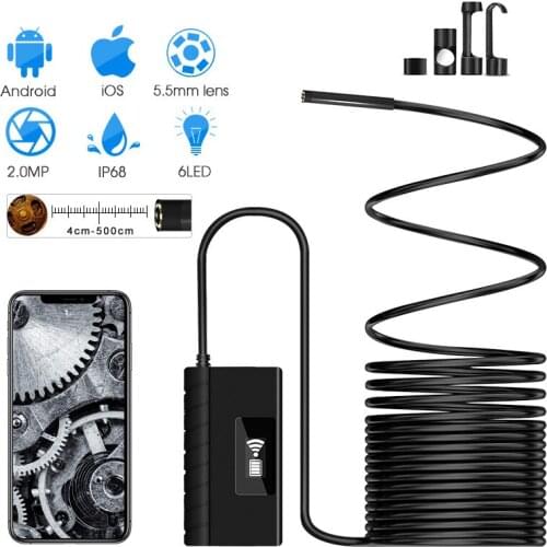 5.5MM WiFi Borescope Inspection Camera 1920*1080P HD Semi-rigid Wireless Endoscope Snake Camera for Android & IOS Ipad Huawei