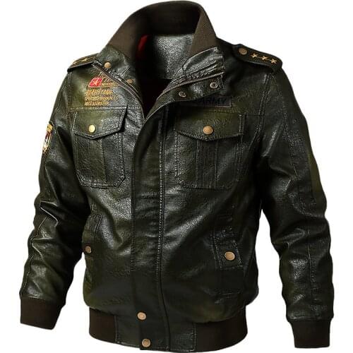 Autumn Winter Men Leather Jackets Military Style Long Sleeve Slim Fit Bomber Jacket Men Casual Male PU Leather Pilot Jacket