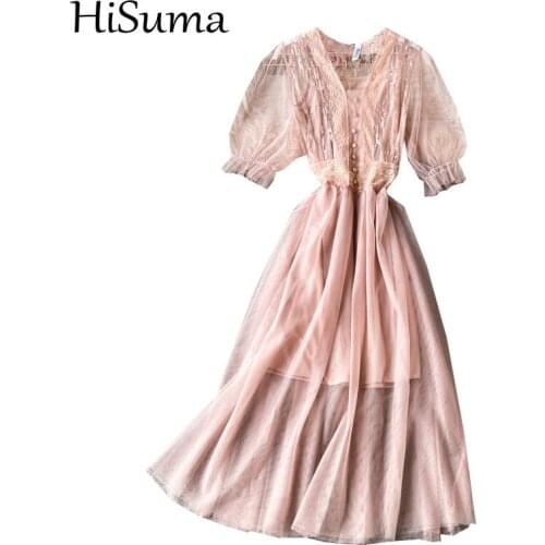 HISUMA Summer Women V-Neck Puff Sleeve Bling Sequin Hollow Lace Flower Ruffle Chic Dress Lady Elastic Slim Mesh Gauze Midi Dress