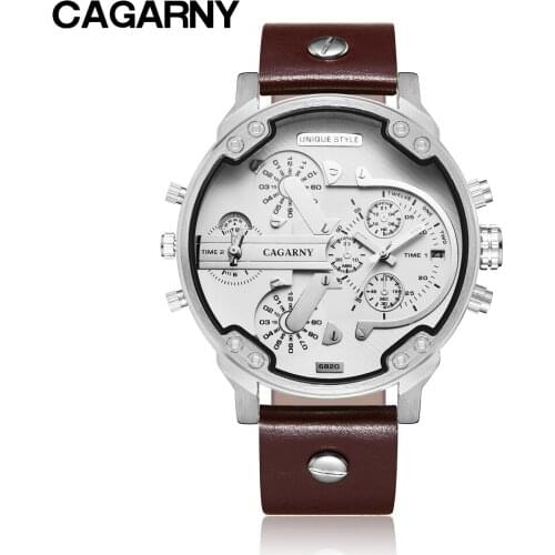Cagarny Top Brand Men Watch Quartz Dual Time Display Calendar Leather Watch Men Fashion Military Wristwatch Male Clock Relogio