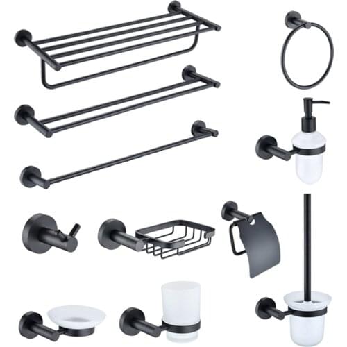Bathroom Hardware Set Matte Black Paper Holder Robe Hook Towel Bar Glass Shelf Bathroom Accessories 304 Stainless Steel