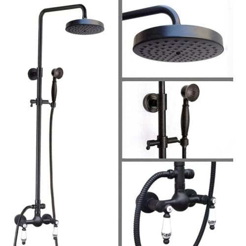 Wall Mounted Dual Ceramic Handles Black Oil Rubbed Bronze Bathroom Rain Shower Faucet Set 8" Inch Round Rain Shower Head mrs516