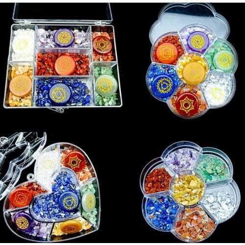 Natural stone Set 7 Chakra Stones Symbols 7 Types Crystal Gravel Chips Set With Plastic Container Gemstones Decor Reiki Healing