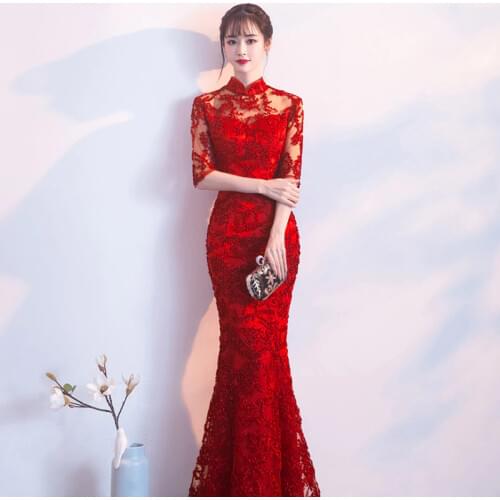 2020 New Lace Chinese Wedding Dress Women Slim Chongsam Female Chinese Traditional Dress Long/Short Sleeve Party Qipao