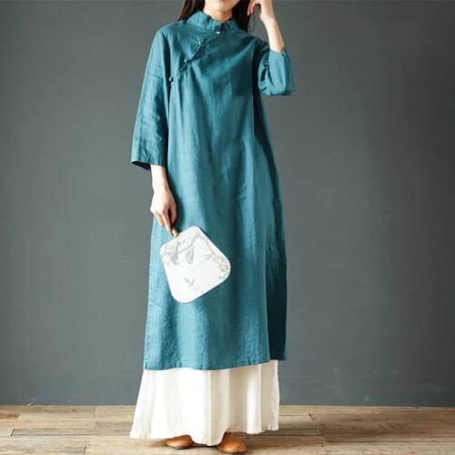 SCUWLINEN 2021 Spring Summer Dress Vintage Chinese Style Stand Collar Three Quarter Long Improved Cheongsam S508