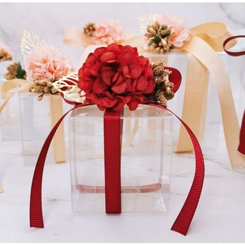PVC Clear Candy Boxes Wedding Birthday Party Supplies Transparent Plastic Gift Box Square Flower Ribbon Packaging Box Party Gift