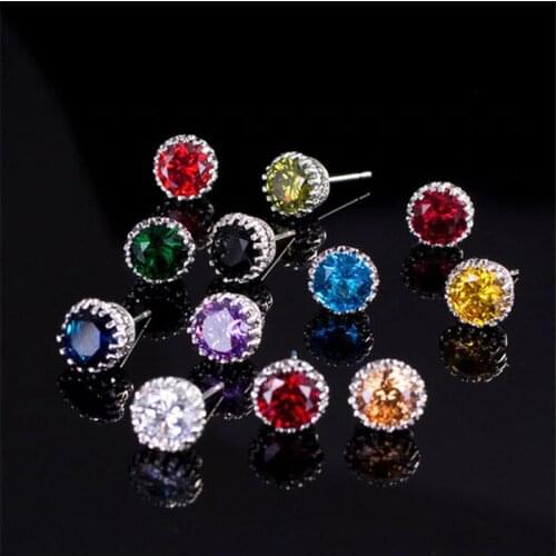 Drop Shipping High Quality Simple Fashion Jewelry 925 Sterling Silver Party Round Cut Multi Color CZ Women Men Stud Earring Gift