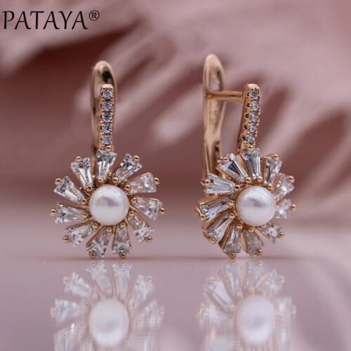 PATAYA New Sun Flower White Shell Pearl Dangle Earrings 585 Rose Gold Natural Zircon Earrings For Women Wedding Fashion Jewelry