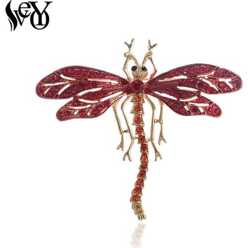 VEYO Trendy Red Dragonfly Rhinestone Enamel Brooches Pins for Women Gift Wholesale