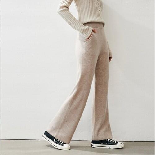 Pure cashmere knit women new fashion wide leg pants full length straigt loose trousers elastic high waist beige 4colors M/L