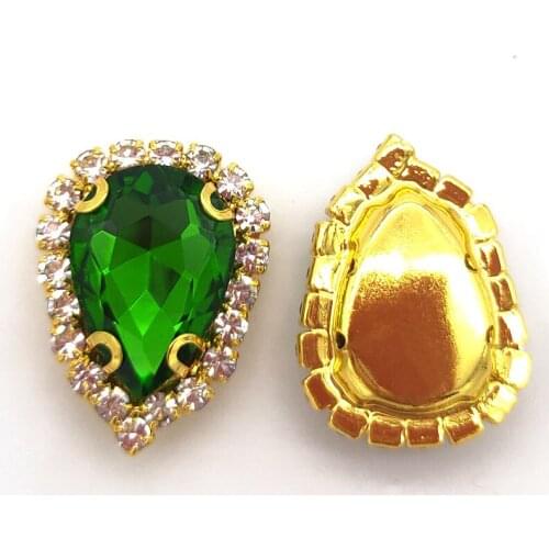Grass Green AAA+ Glass Crystal Teardrop Flatback Crystal Button, Gold Bottom Sew On Rhinestones For DIY Clothing Decoration