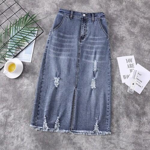 Denim Skirt Plus Size Women 2021 Summer Loose Elastic Waist High Elasticity Hole Split Saias Jeans Ripped Vintage Faldas zh752