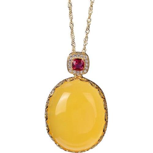 S925 sterling silver gold plated Natural Amber Beeswax Pendant Personality Temperament Egg noodles Lace Ladies Chain set pendant
