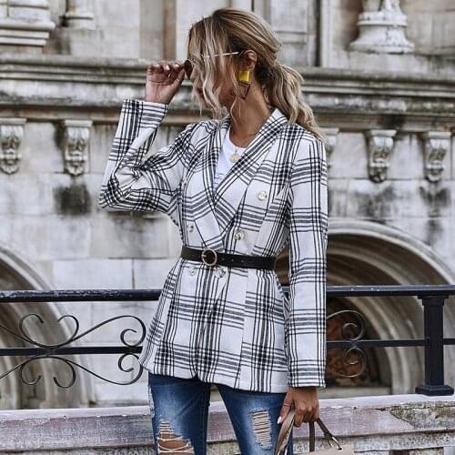 Plaid Blazers Women Autumn Notched Long Sleeve Double Breasted Slim Suits Jacket Coat Without Belt High Street Lady 2021