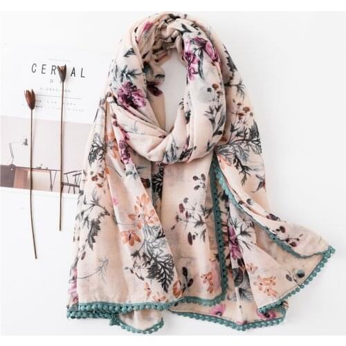 Hot Women Floral Print Head Scarf Viscose Hijab Large size Ball Tassel Thin Shawl Scarf Blanket Wrap