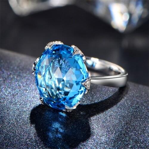 Luxury Six Claws Round Big Blue Stone Rings For Women Silver Color Filled White Zircon Crystal Ring Female Wedding Bands