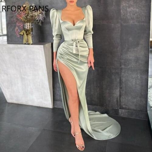 Women High Slit Ruched Plain Evening Dress Maxi Bodycon Dress Elegant Party Dress