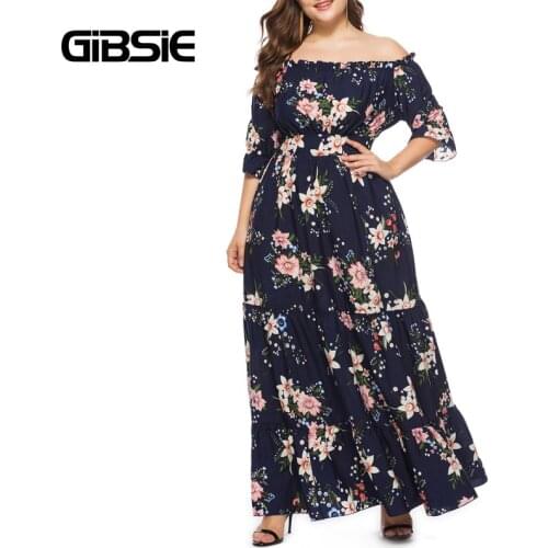 GIBSIE Floral Print Off The Shoulder Dress Summer Short Sleeve Holiday Casual Beach Dresses 6XL Plus Size Women Long Maxi Dress