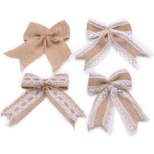 10pcs/lot Jute Burlap Ribbon Bow Rustic Hessian Ribbon Bowknot DIY Crafts Vintage Wedding Decoration Happy Easter Party Supplies