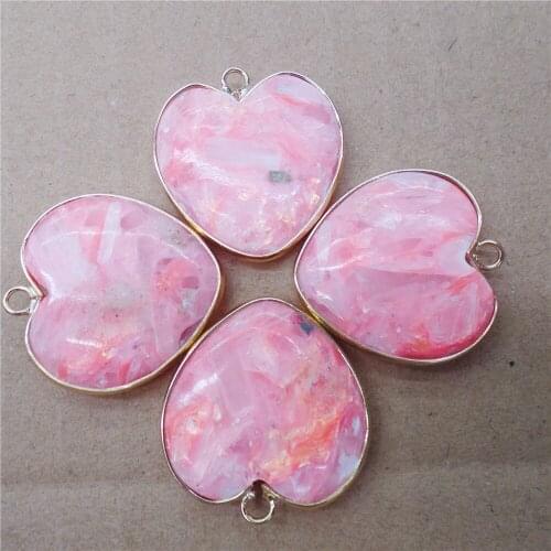 4Pcs 31x26x6mm Alloy Serging Pink Sea Sediment Jasper Love Heart Pendant Beads DIY Jewelry Making Accessories M455