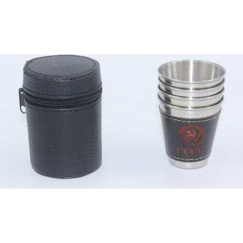 4pcs/lot 30ml 70ml 150ml 304 Stainless Steel Cups with PU Leather Wine Beer Coffee Whiskey Cup Outdoor Travel Cup Set JZ 1123