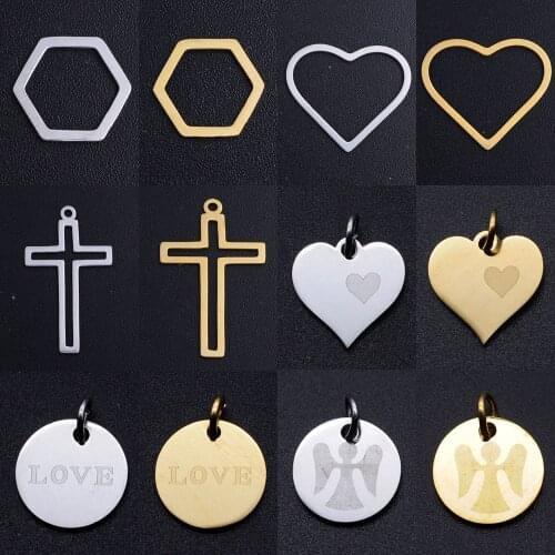 5pcs/lot Geometric Heart Star Cross DIY Charms Wholesale Stainless Steel Hexagon Jewelry Pendant OM Yin Yang Connectors Charm