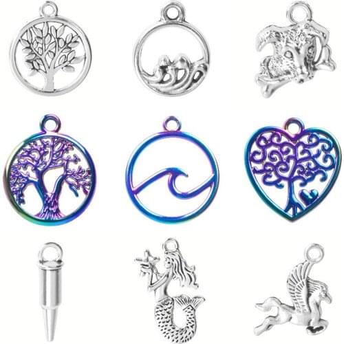 5Pcs/Lot Vintage Life of Tree Sea Mermaid Round Waves Charms Metal Horse With Wings Pendant For Bracelet Necklaces Jewelry