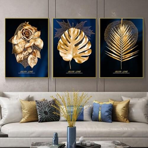 Golden Plant Leaves Abstract Wall Art Picture Home Poster Modern Style Canvas Print Painting Art Aisle Living Room Decoration