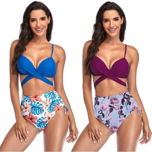 Sexy Blue Lace Up Bikini Woman Floral Cross Strap Two Pieces High Waist Swimsuits Girl Beach Bathing Suits Swimwear